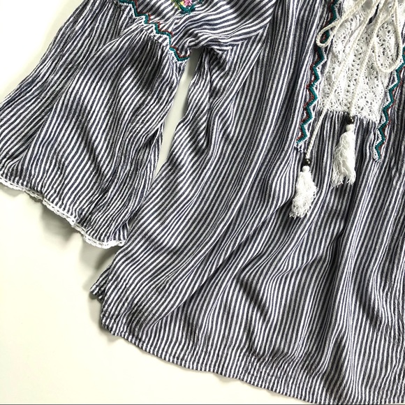 Francesca’s Blue & White Striped Embroidered Off The Shoulder Top - Picture 4 of 9